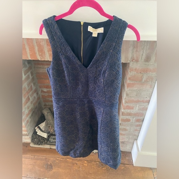 Michael Kors Navy & Gold Flecked Knee Length Dress Luxury V Neck Medium Autumn - Picture 2 of 7